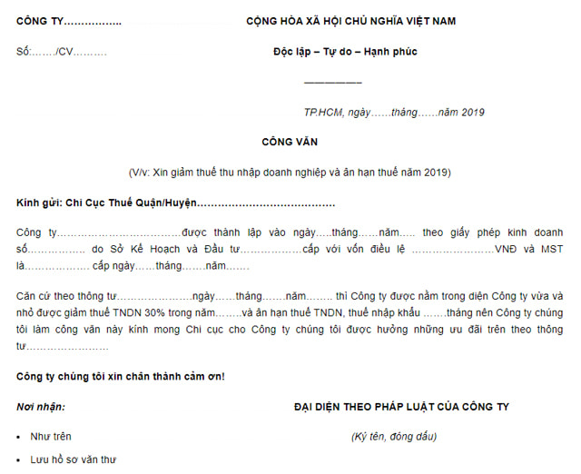Công văn xin giảm số thuế TNDN và ân hạn thuế