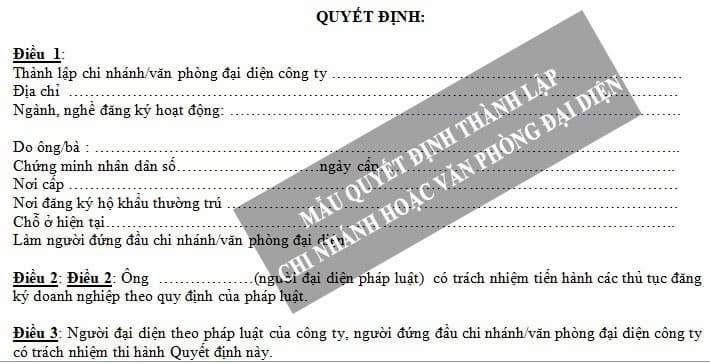 Mẫu quyết định thành lập văn phòng đại diện tại Việt Nam